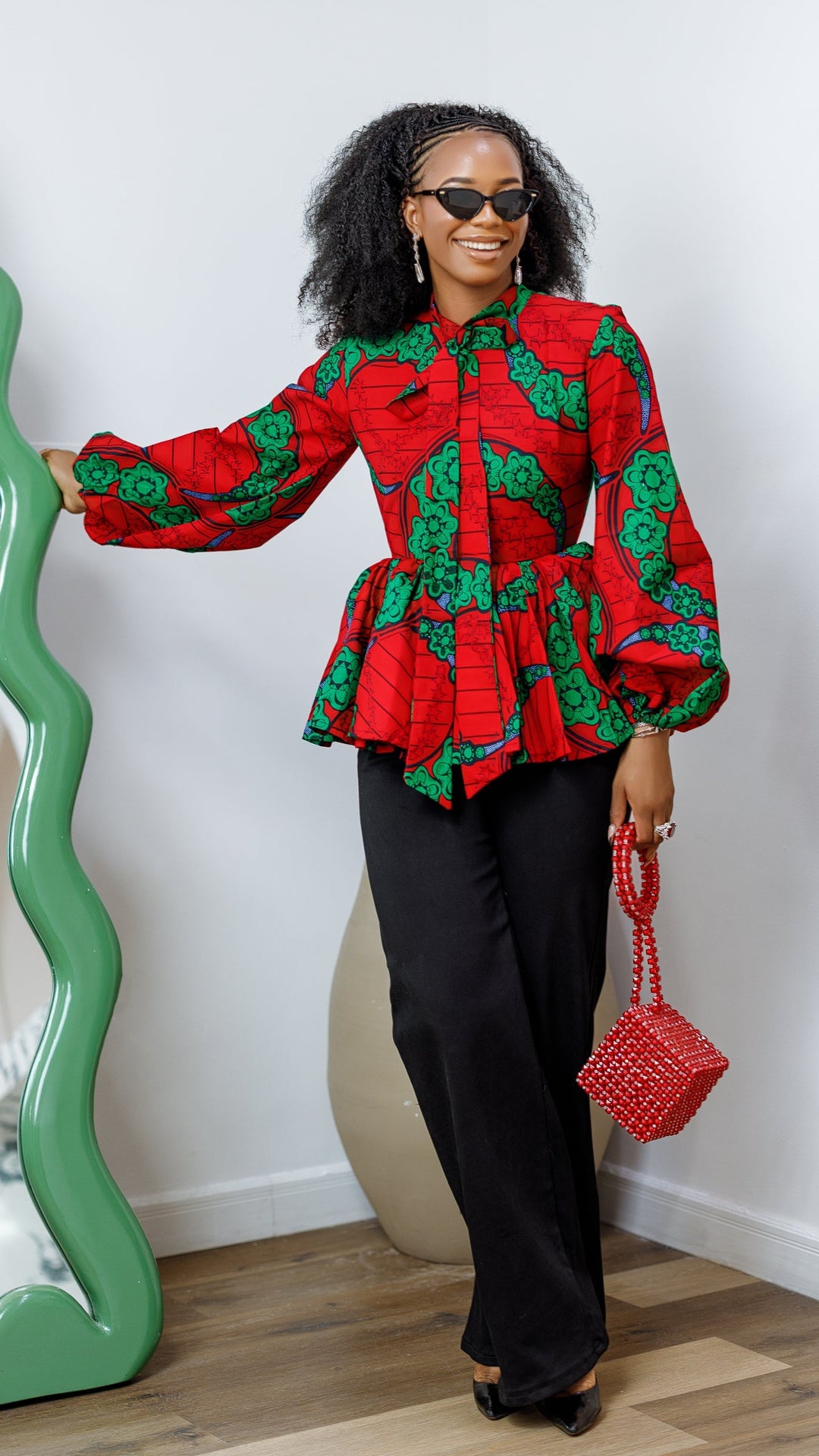 BIBI AFRICAN PRINT TIE NECK PEPLUM TOP [RED]
