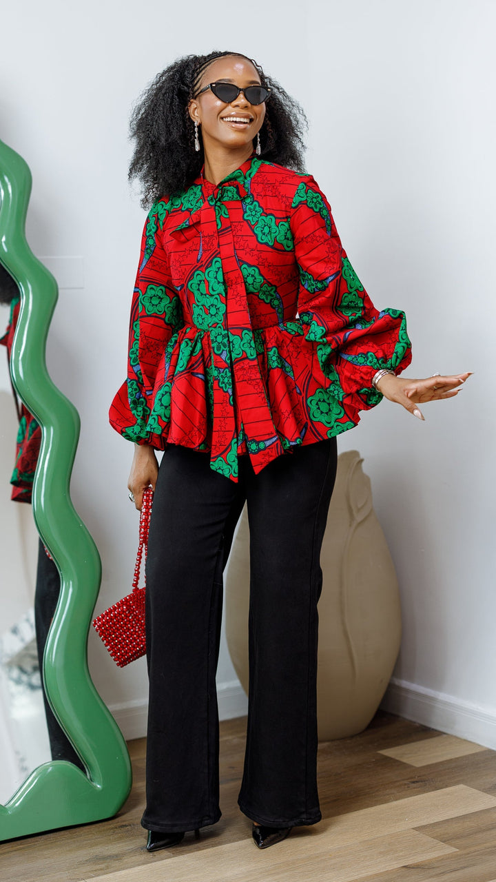 BIBI AFRICAN PRINT TIE NECK PEPLUM TOP [RED]
