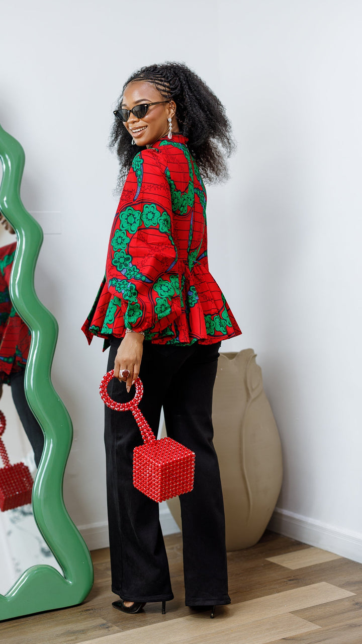 BIBI AFRICAN PRINT TIE NECK PEPLUM TOP [RED]