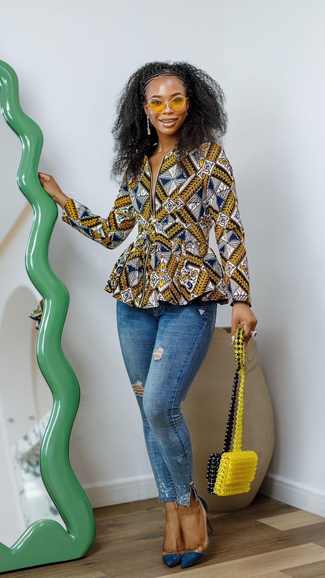 GABRIELLA AFRICAN PRINT FRONT ZIPPER PEPLUM TOP