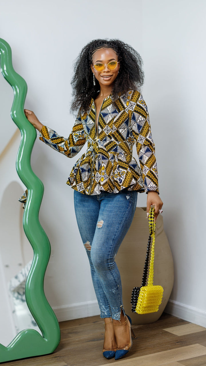 GABRIELLA AFRICAN PRINT FRONT ZIPPER PEPLUM TOP