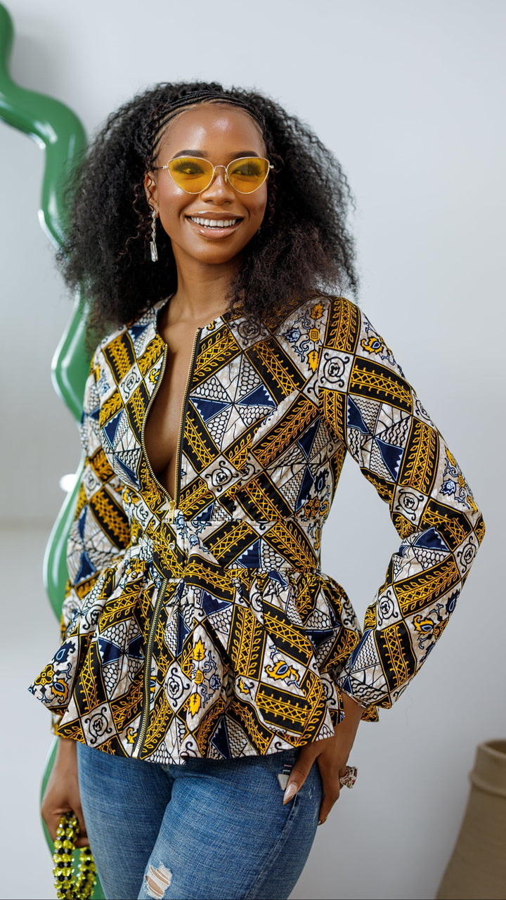 GABRIELLA AFRICAN PRINT FRONT ZIPPER PEPLUM TOP
