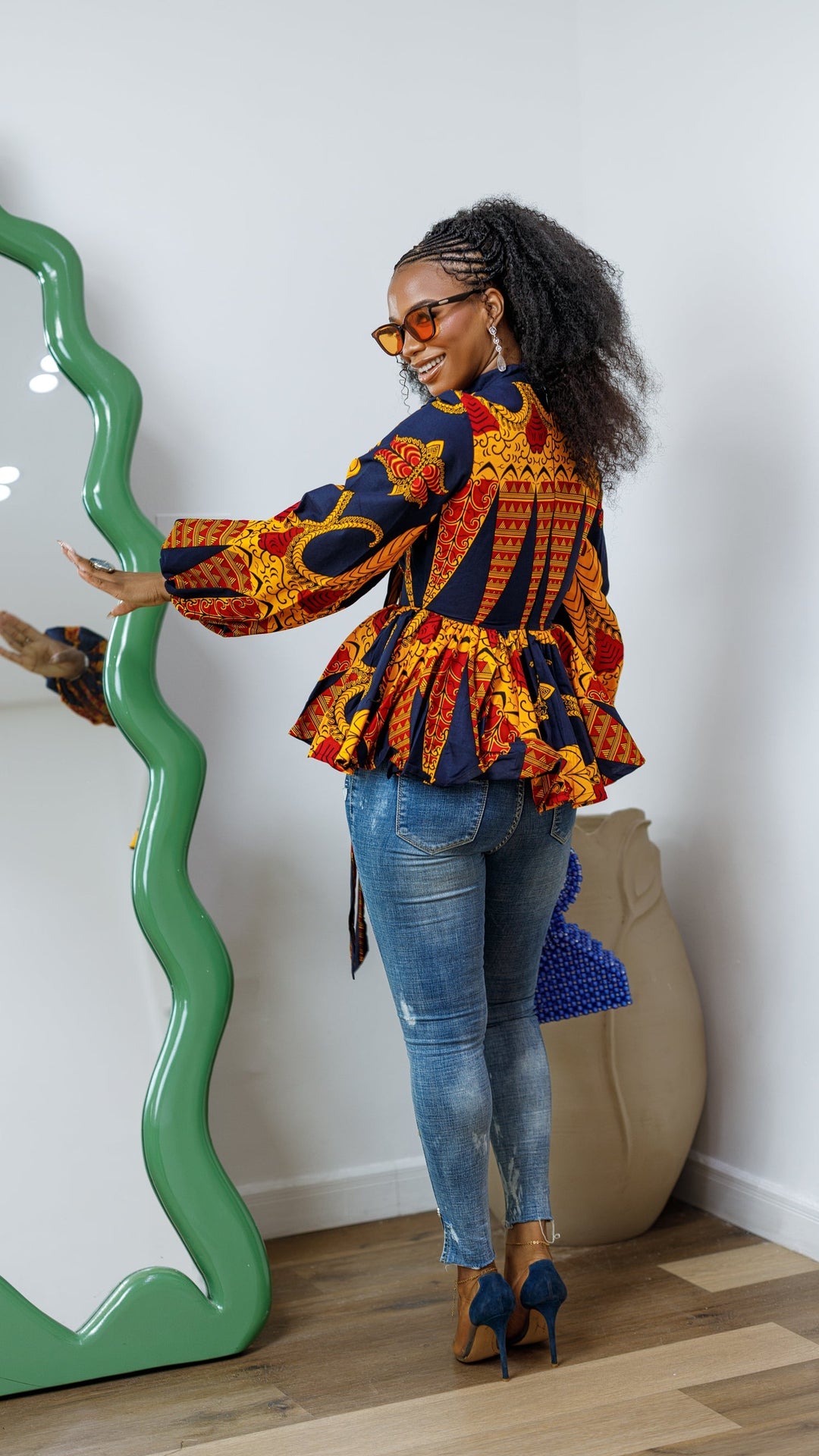 BIBI AFRICAN PRINT TIE NECK PEPLUM TOP [ORANGE]