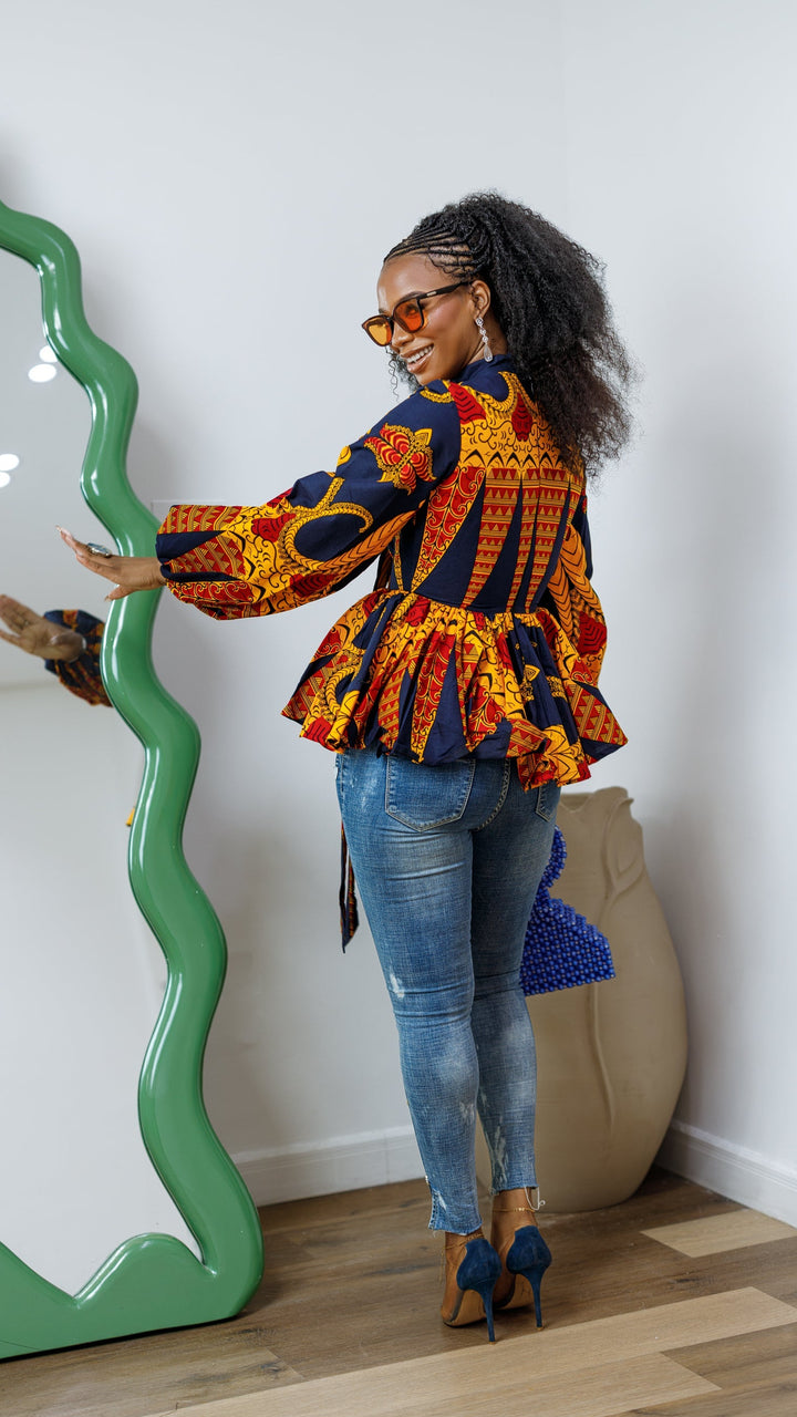 BIBI AFRICAN PRINT TIE NECK PEPLUM TOP [ORANGE]