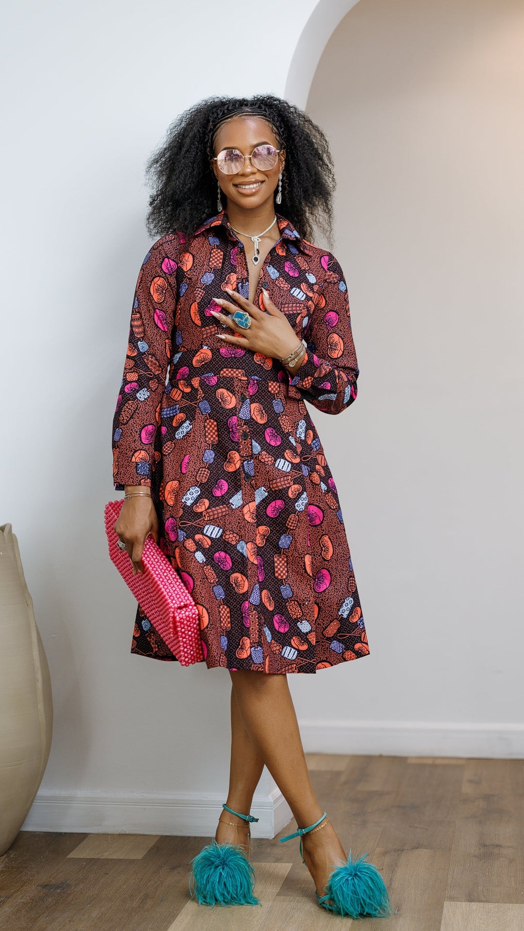 VERA AFRICAN PRINT FLARE SHIRT MIDI DRESS----FINAL SALE