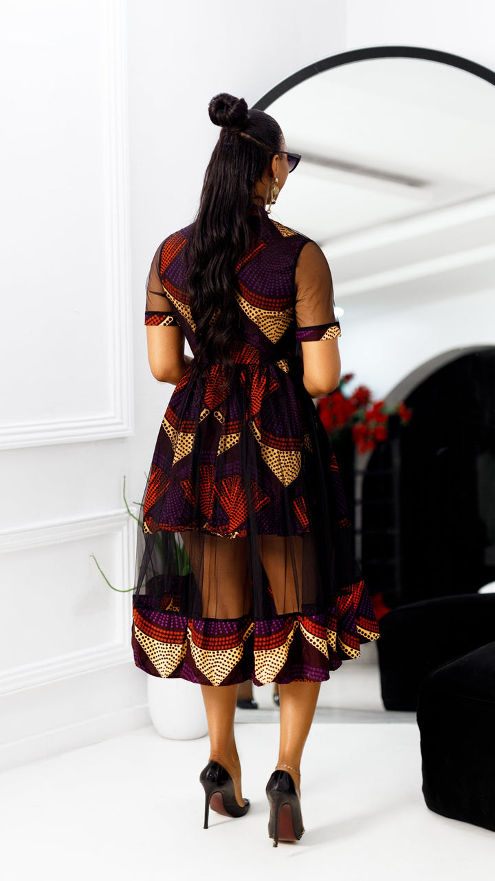 VALENTINA AFRICAN PRINT BUTTON MESH DRESS [PURPLE] PRE-ORDER [SHIPS ON OR BEFORE OCT 19TH]