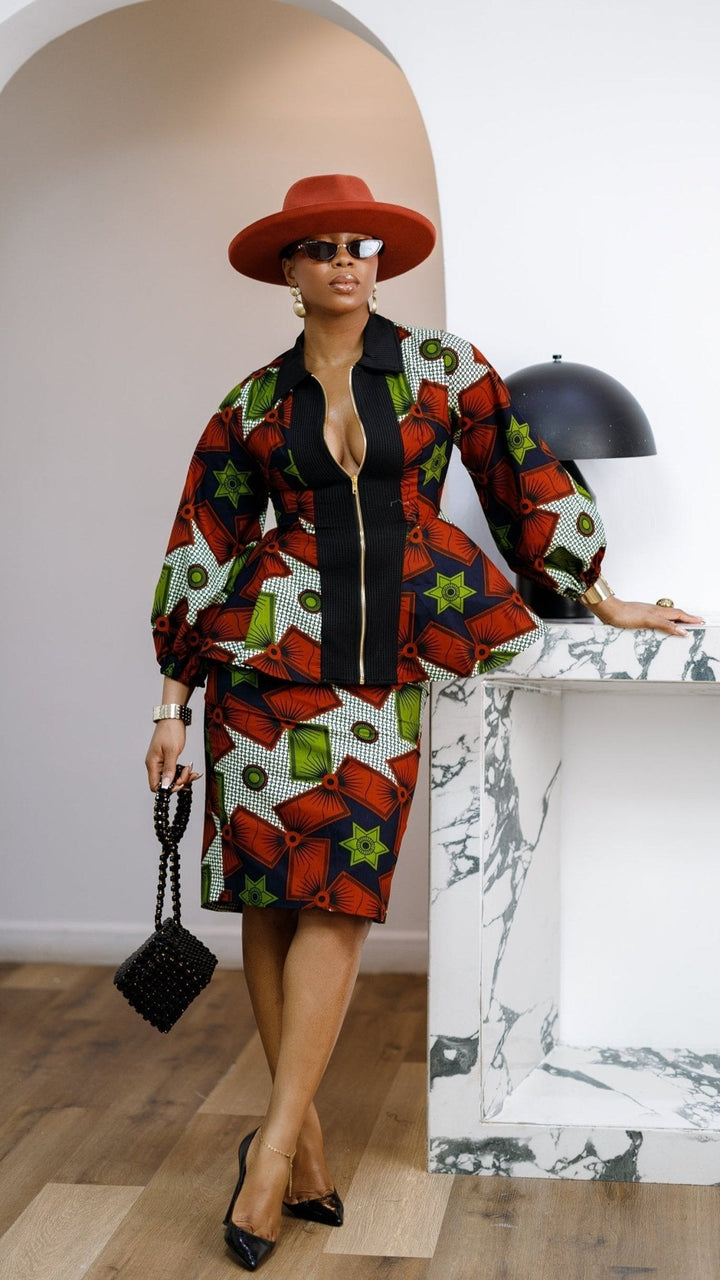 KANYIN AFRICAN PRINT ZIP-FRONT PEPLUM TOP AND SKIRT SET - Especially Yours