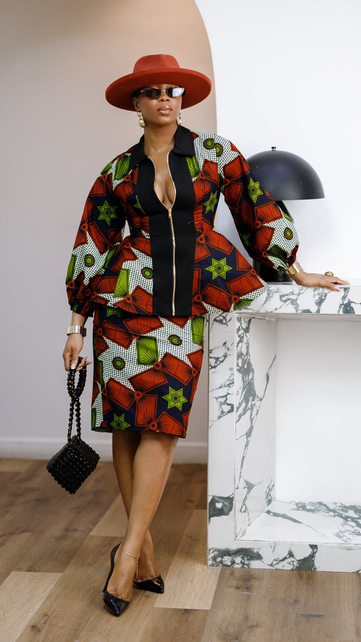 KANYIN AFRICAN PRINT ZIP-FRONT PEPLUM TOP AND SKIRT SET