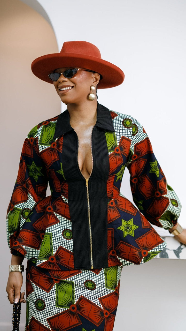 KANYIN AFRICAN PRINT ZIP-FRONT PEPLUM TOP AND SKIRT SET - Especially Yours