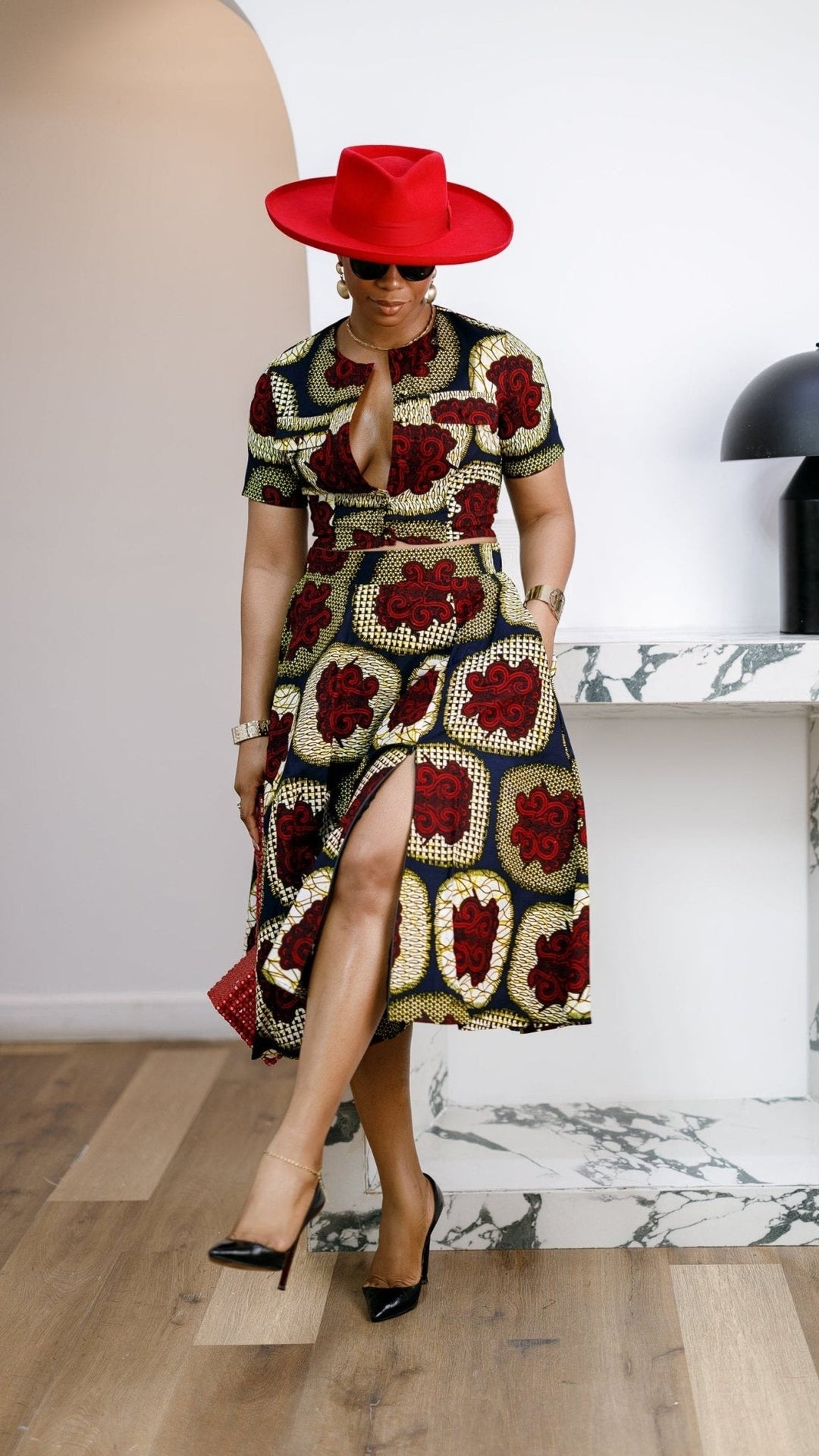 AMARA AFRICAN PRINT CROP TOP & MIDI SKIRT SET [RED] - Especially Yours