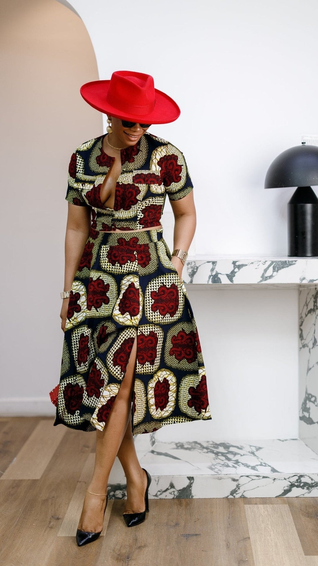 AMARA AFRICAN PRINT CROP TOP & MIDI SKIRT SET [RED] - Especially Yours