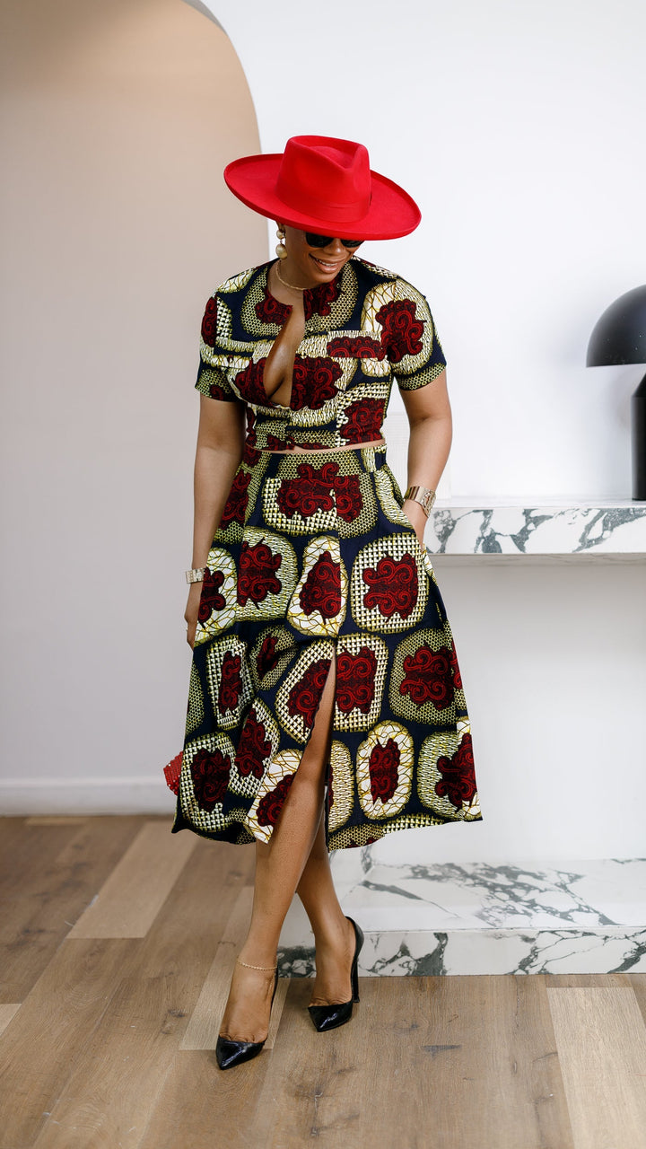 AMARA AFRICAN PRINT CROP TOP & MIDI SKIRT SET [RED]