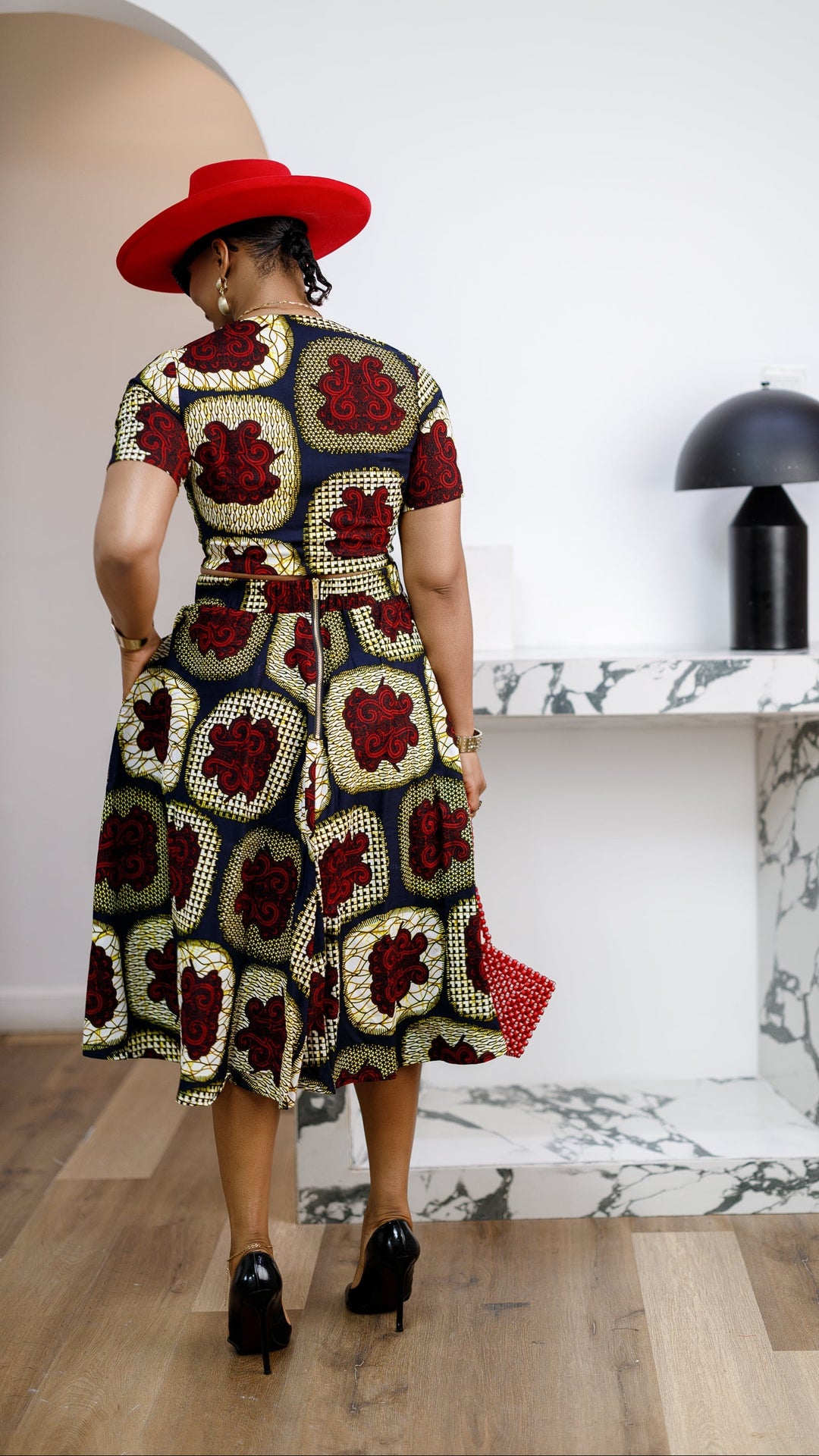 AMARA AFRICAN PRINT CROP TOP & MIDI SKIRT SET [RED]