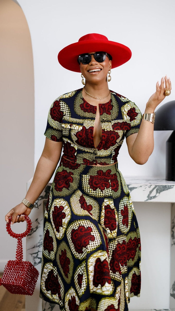 AMARA AFRICAN PRINT CROP TOP & MIDI SKIRT SET [RED] - Especially Yours