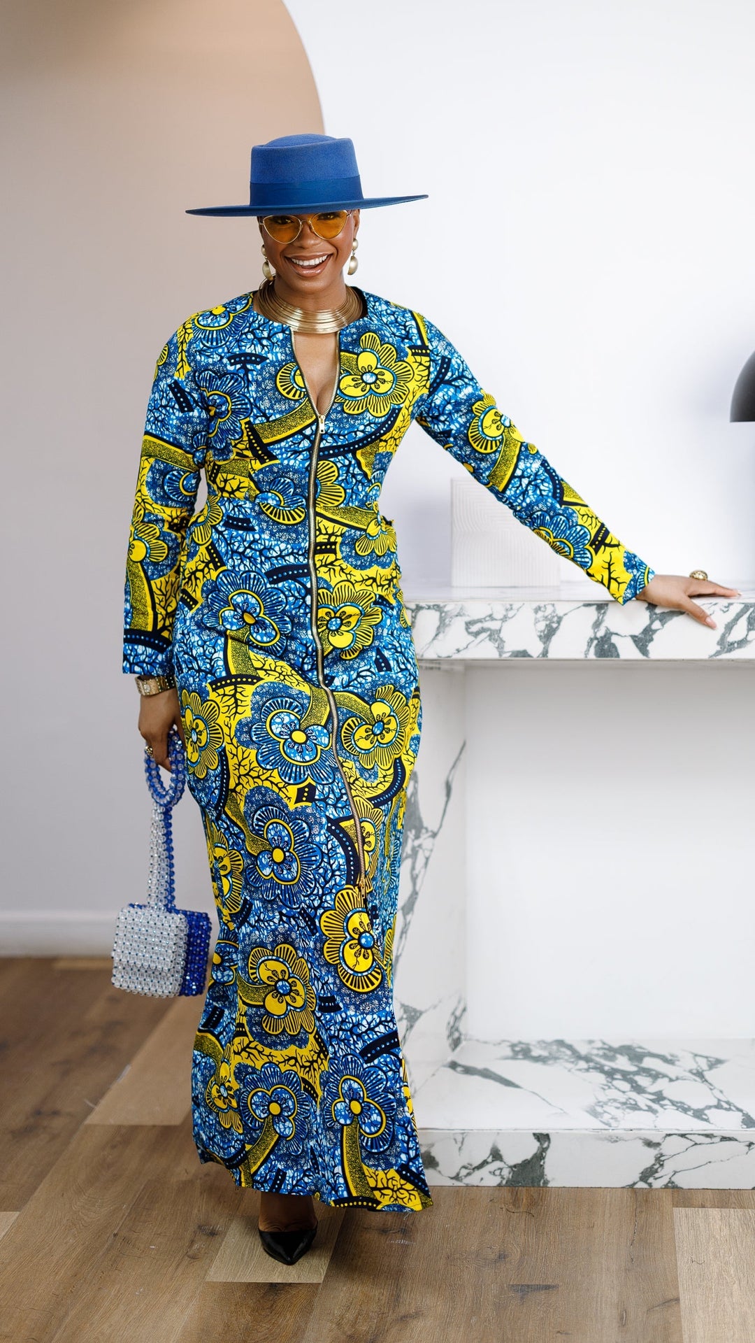 FARIDA AFRICAN PRINT LONG SLEEVE FRONT ZIP MAXI DRESS [MULTICOLOR]
