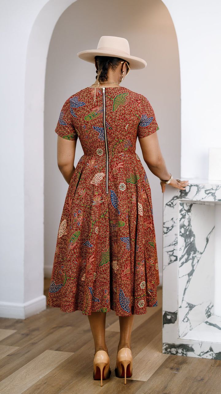 JAYE AFRICAN PRINT FIT-AND-FLARE MIDI DRESS