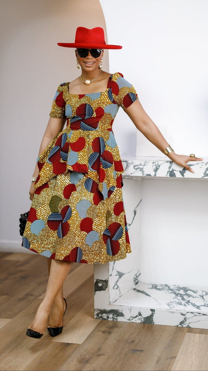 ADUKE AFRICAN PRINT PEPLUM MIDI DRESS [RED] - Especially Yours