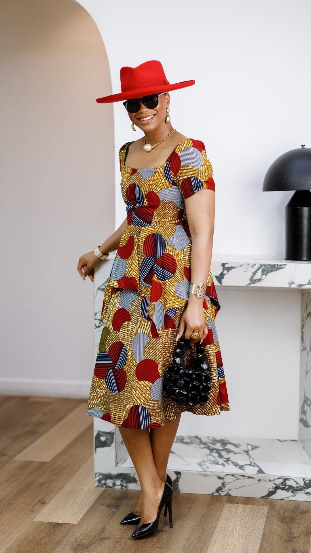 ADUKE AFRICAN PRINT PEPLUM MIDI DRESS [RED] - Especially Yours