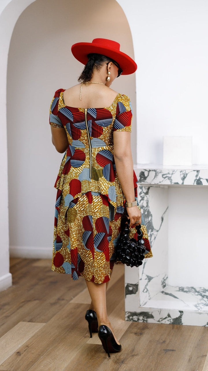 ADUKE AFRICAN PRINT PEPLUM MIDI DRESS [RED] - Especially Yours