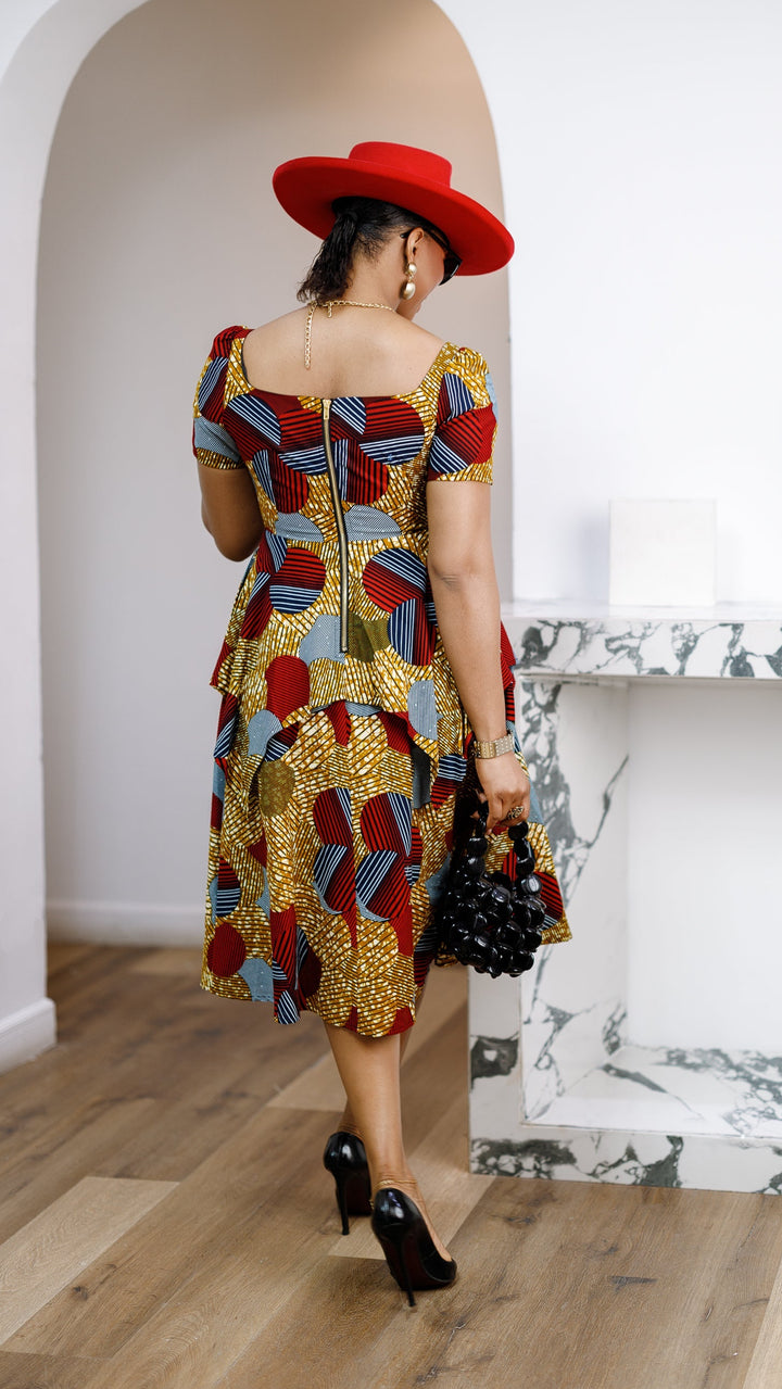 ADUKE AFRICAN PRINT PEPLUM MIDI DRESS [RED]