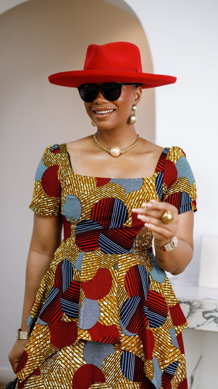 ADUKE AFRICAN PRINT PEPLUM MIDI DRESS [RED] - Especially Yours