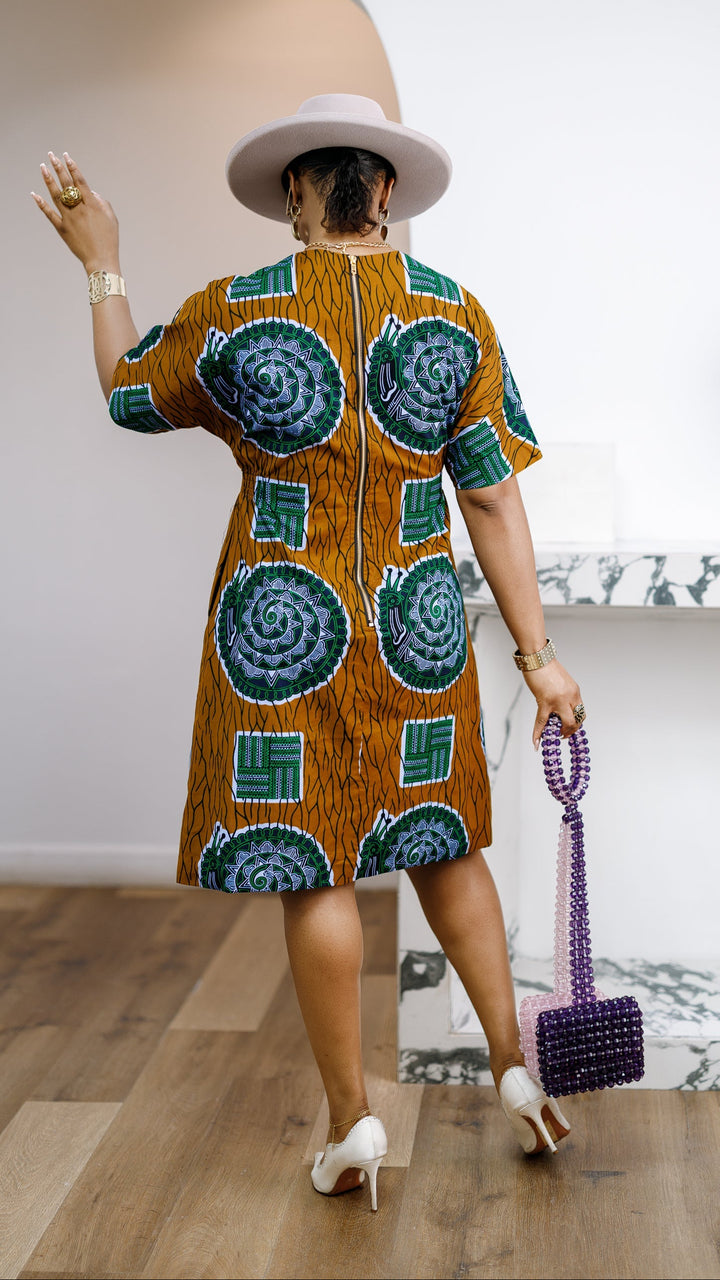 FIFI AFRICAN PRINT CINCHED-WAIST SHIFT DRESS [MULTICOLOR]