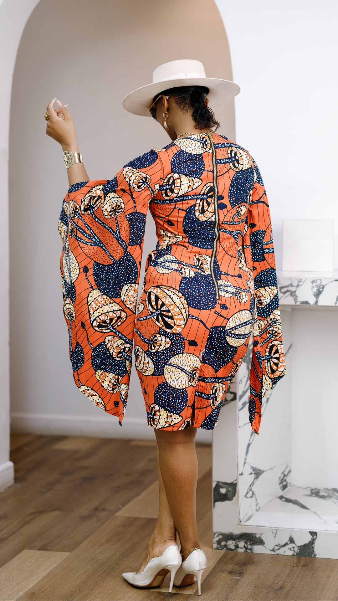 SADE AFRICAN PRINT CAPE SLEEVE MIDI DRESS