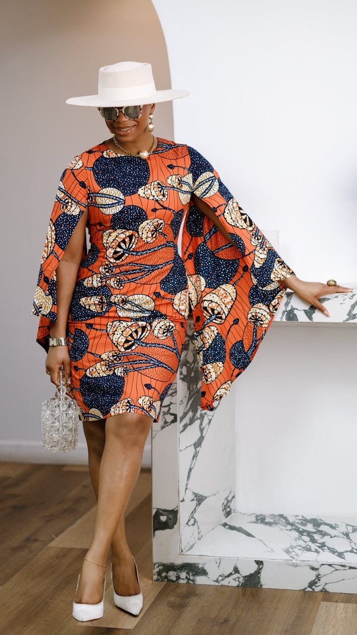 SADE AFRICAN PRINT CAPE SLEEVE MIDI DRESS - Especially Yours