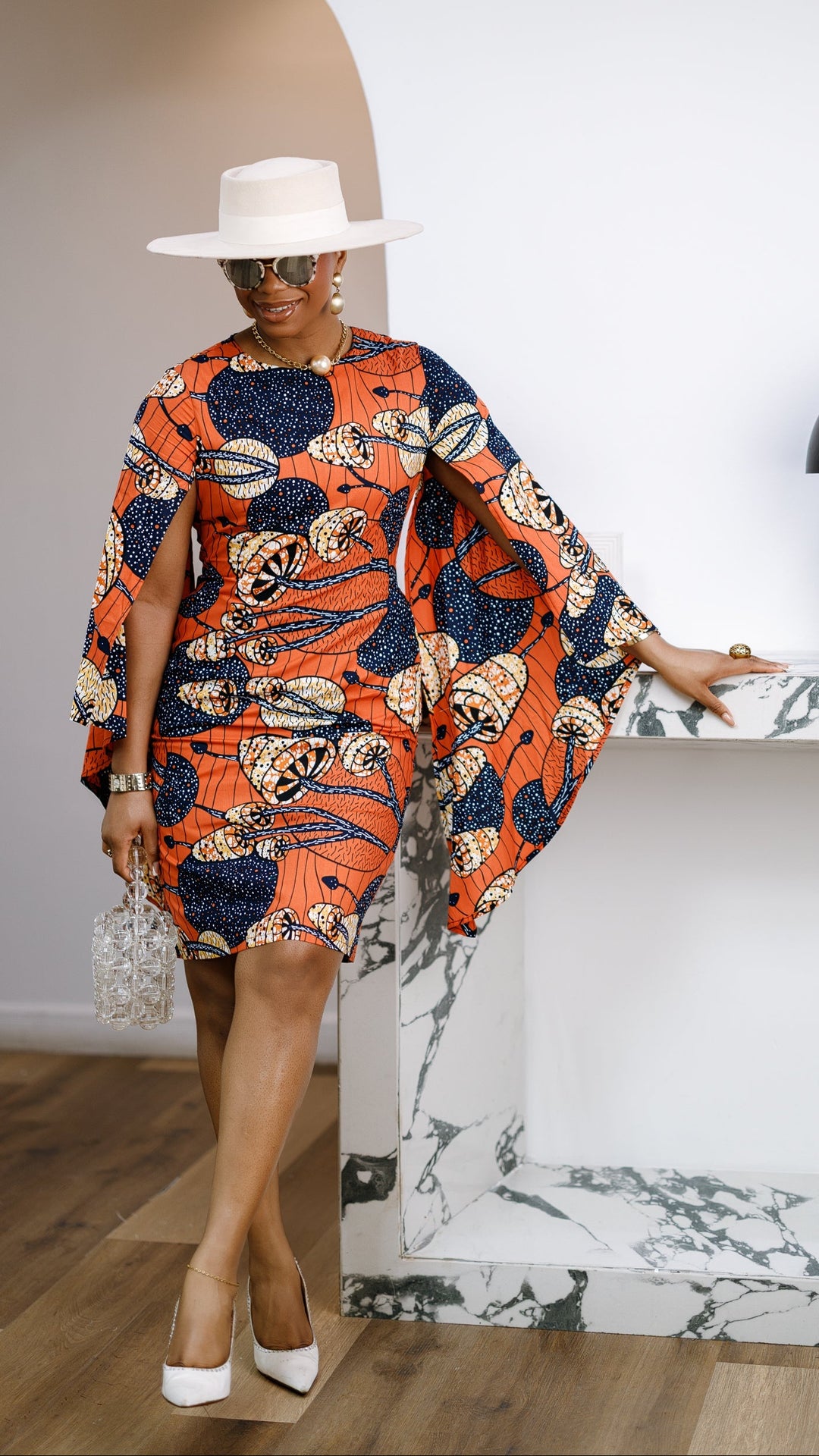 SADE AFRICAN PRINT CAPE SLEEVE MIDI DRESS