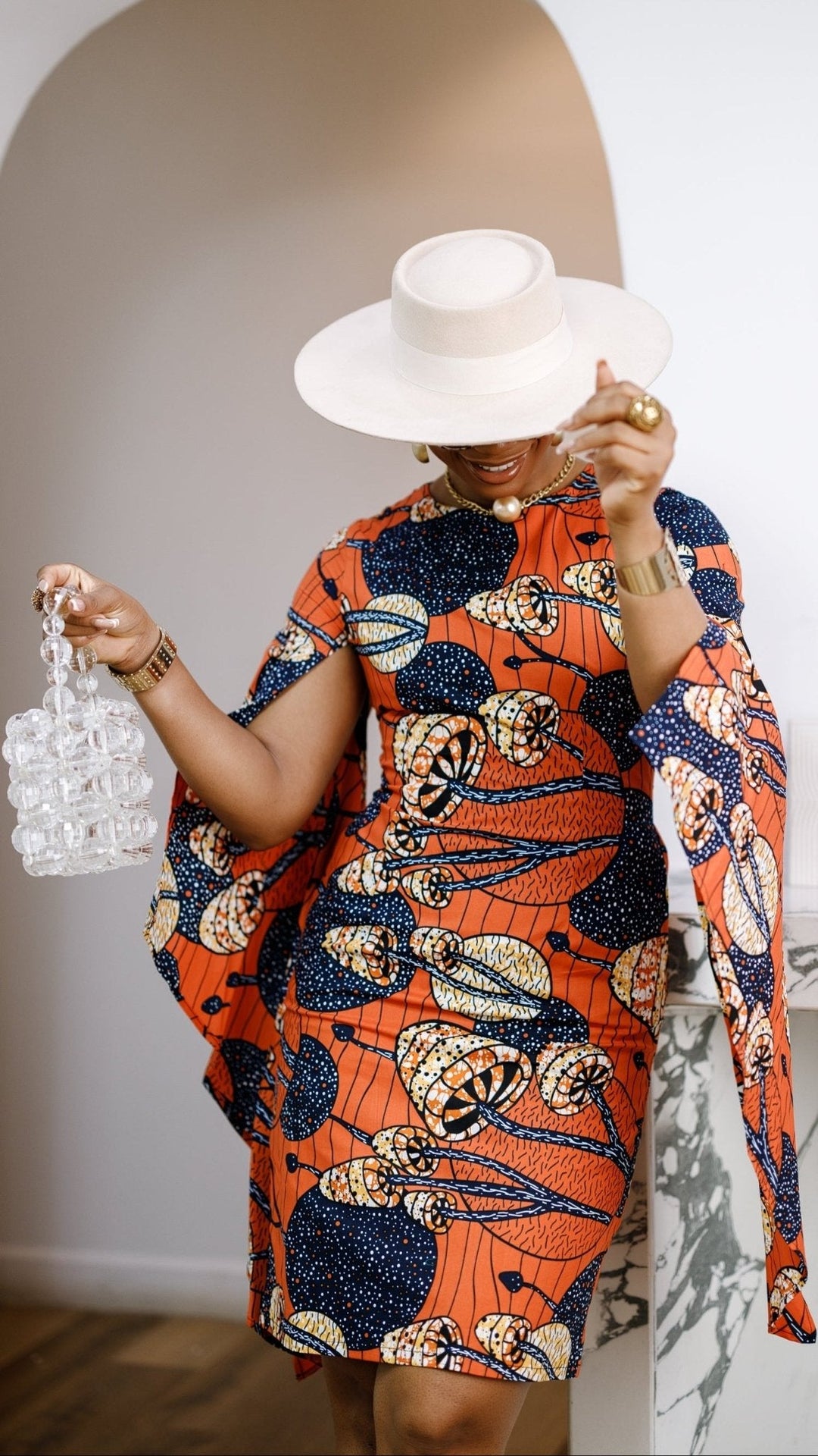 SADE AFRICAN PRINT CAPE SLEEVE MIDI DRESS - Especially Yours