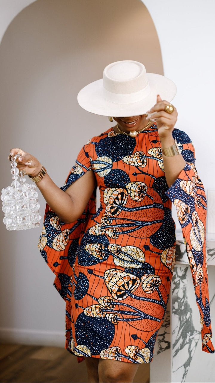 SADE AFRICAN PRINT CAPE SLEEVE MIDI DRESS - Especially Yours