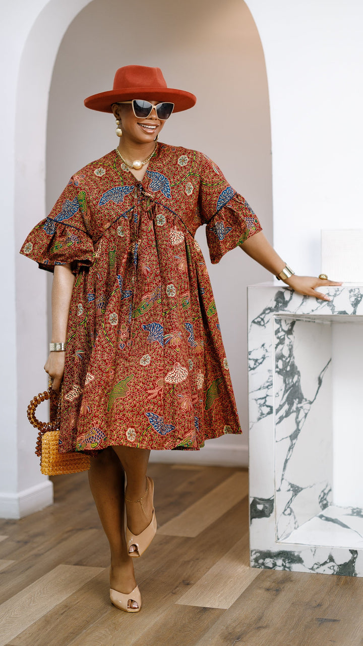 MILA AFRICAN PRINT FLOWY MIDI DRESS