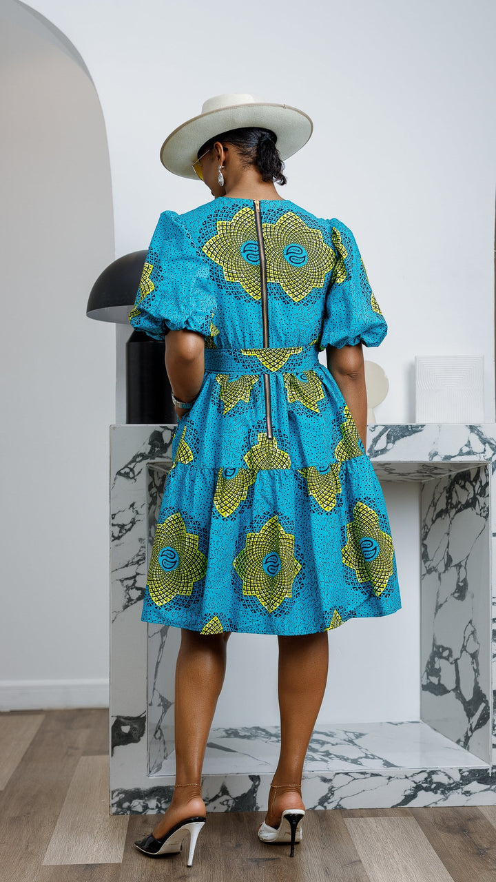 BUNMI AFRICAN PRINT MIDI DRESS [TEAL BLUE]
