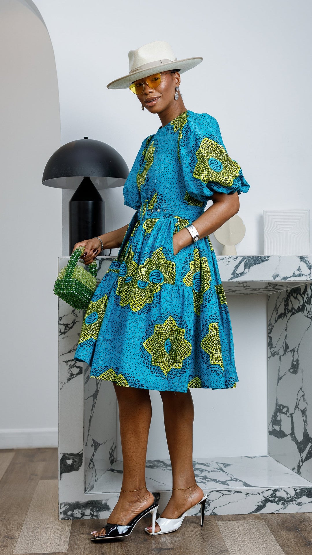 BUNMI AFRICAN PRINT MIDI DRESS [TEAL BLUE]
