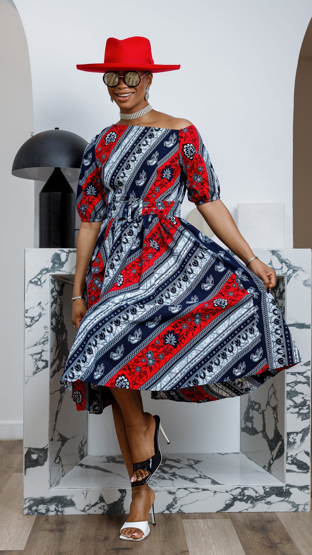 ROLU AFRICAN PRINT OFF SHOULDER DRESS [RED]----FINAL SALE