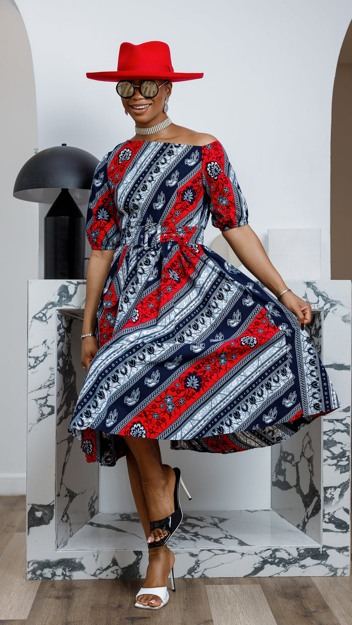 ROLU AFRICAN PRINT OFF SHOULDER DRESS [RED]----FINAL SALE