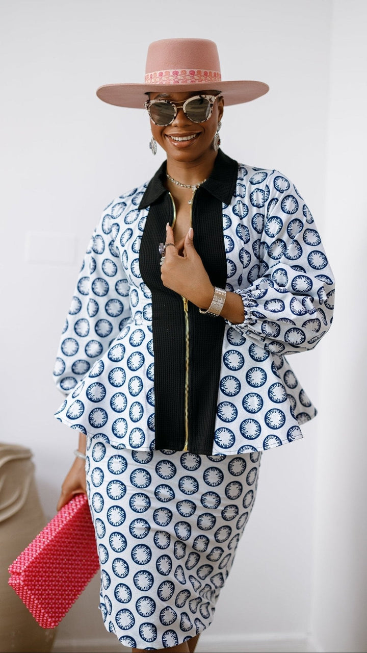 KANYIN AFRICAN PRINT ZIP-FRONT PEPLUM TOP AND SKIRT SET [WHITE] - Especially Yours