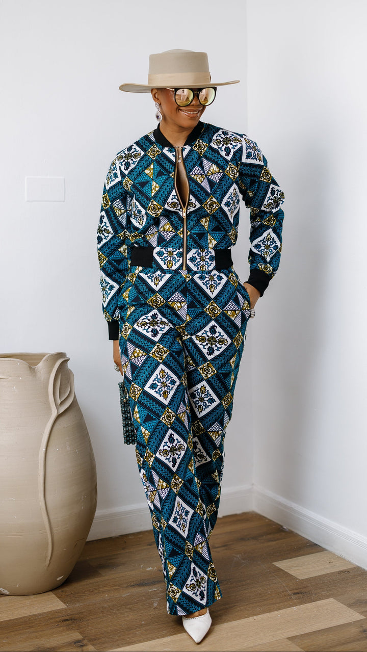 ADA AFRICAN PRINT BOMBER JACKET AND PANTS SET [BLUE]