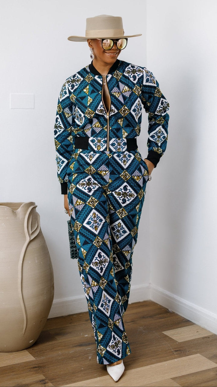 ADA AFRICAN PRINT BOMBER JACKET AND PANTS SET [BLUE] - Especially Yours