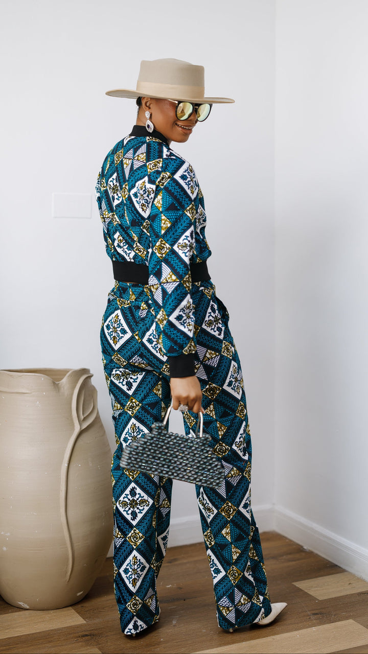 ADA AFRICAN PRINT BOMBER JACKET AND PANTS SET [BLUE]