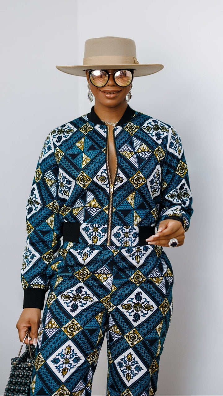 ADA AFRICAN PRINT BOMBER JACKET AND PANTS SET [BLUE] - Especially Yours