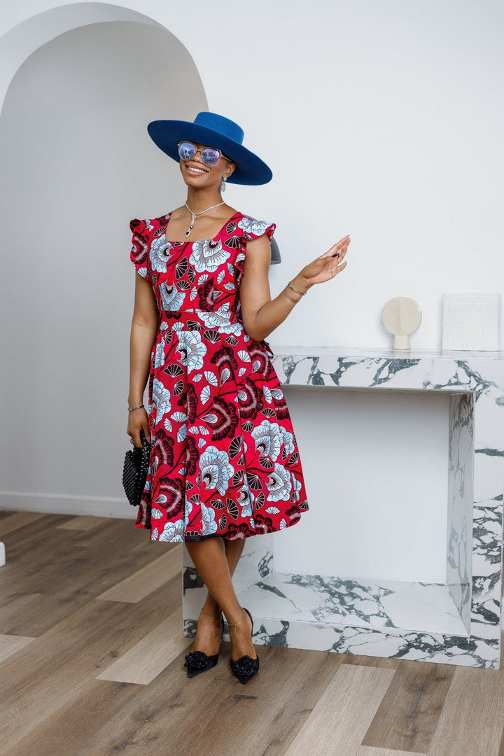 MALIKA AFRICAN PRINT FRILL SLEEVE DRESS [RED] - Especially Yours