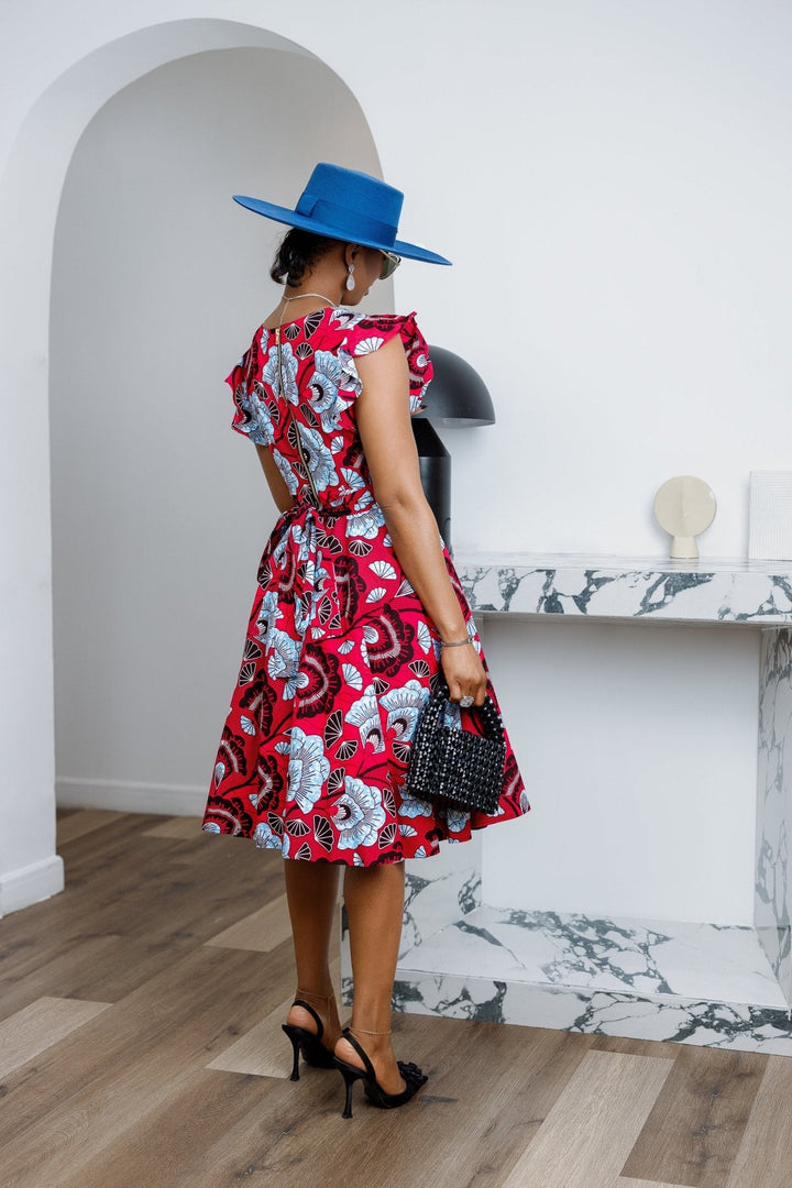 MALIKA AFRICAN PRINT FRILL SLEEVE DRESS [RED] - Especially Yours