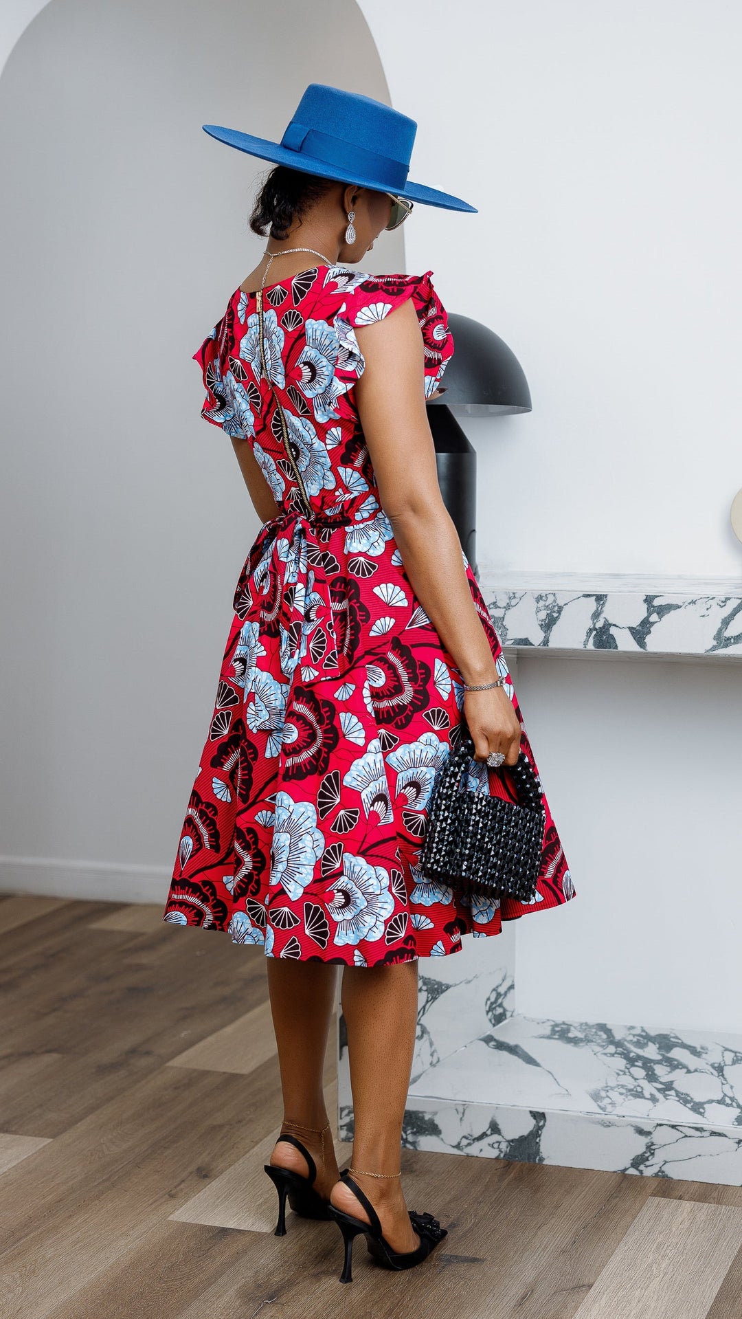 MALIKA AFRICAN PRINT FRILL SLEEVE DRESS [RED]