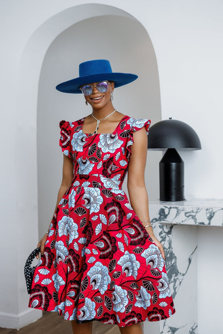MALIKA AFRICAN PRINT FRILL SLEEVE DRESS [RED] - Especially Yours