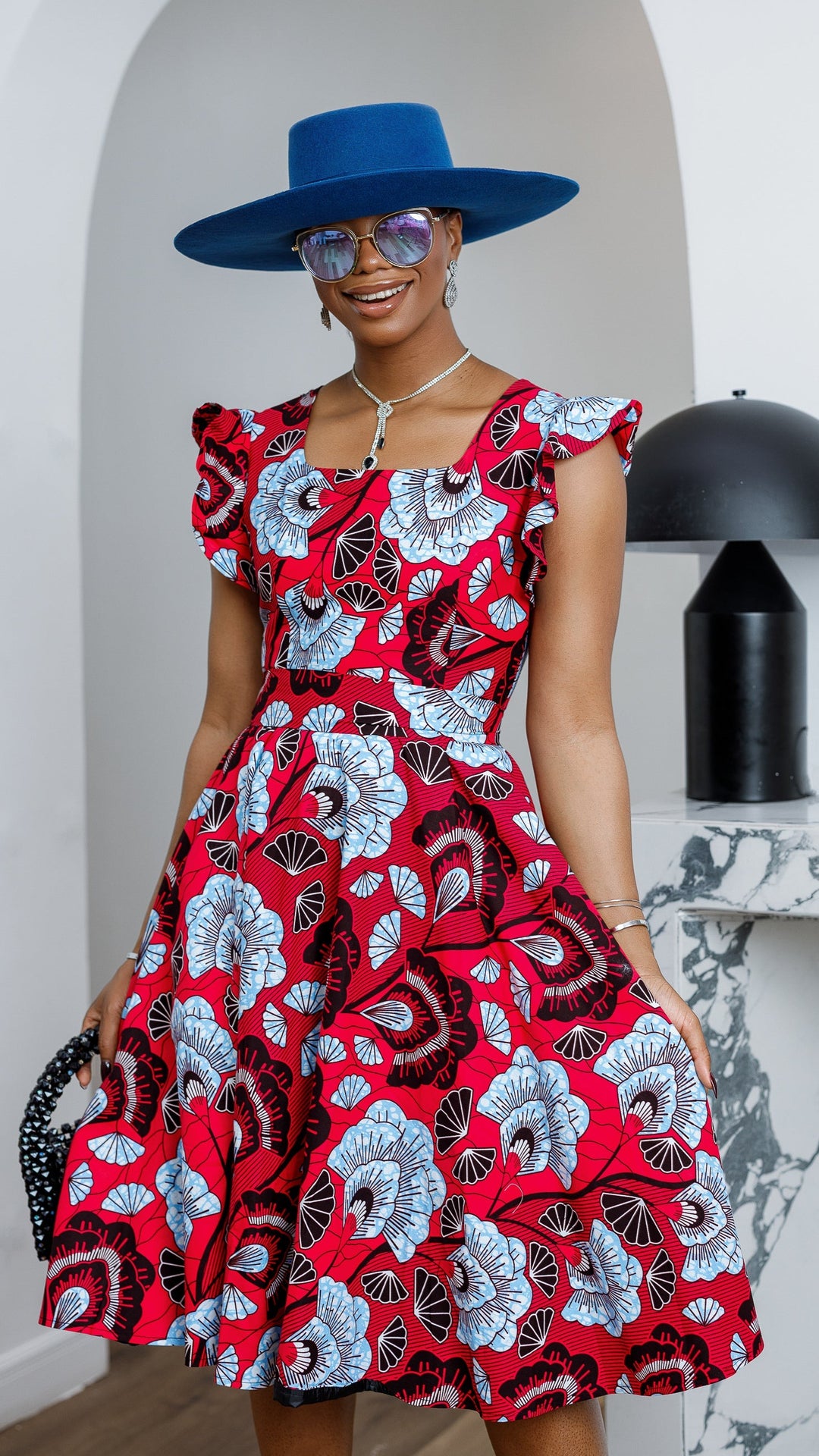 MALIKA AFRICAN PRINT FRILL SLEEVE DRESS [RED]
