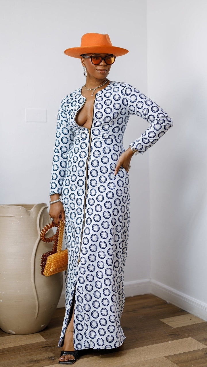 FARIDA AFRICAN PRINT LONG SLEEVE FRONT ZIP MAXI DRESS [WHITE] - Especially Yours