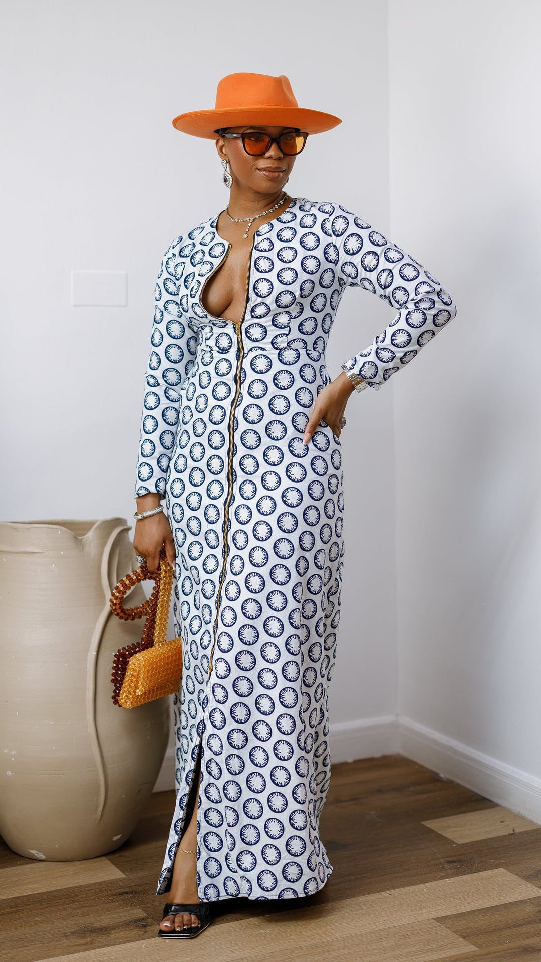 FARIDA AFRICAN PRINT LONG SLEEVE FRONT ZIP MAXI DRESS [WHITE]