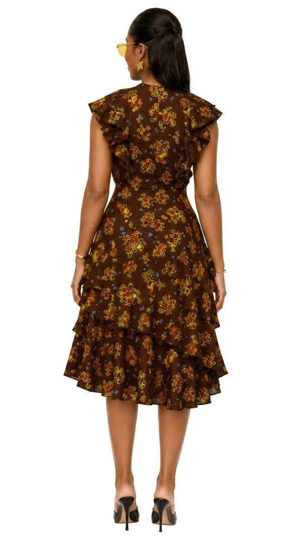 NALA AFRICAN PRINT RUFFLE NECK MIDI DRESS