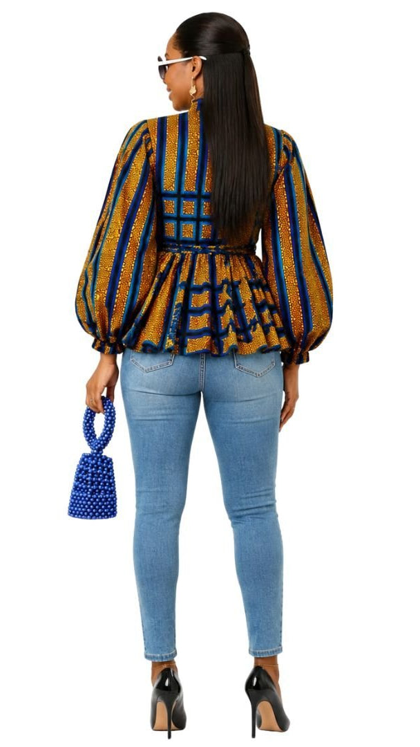BIBI AFRICAN PRINT TIE NECK PEPLUM TOP [BLUE]